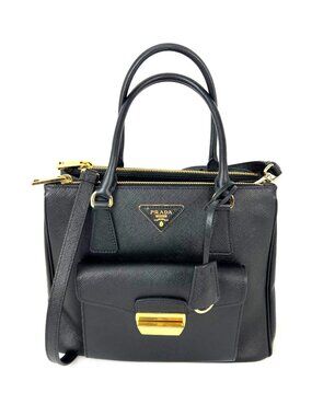 Prada Safriano Front Pocket Double Zip black Tote Bag